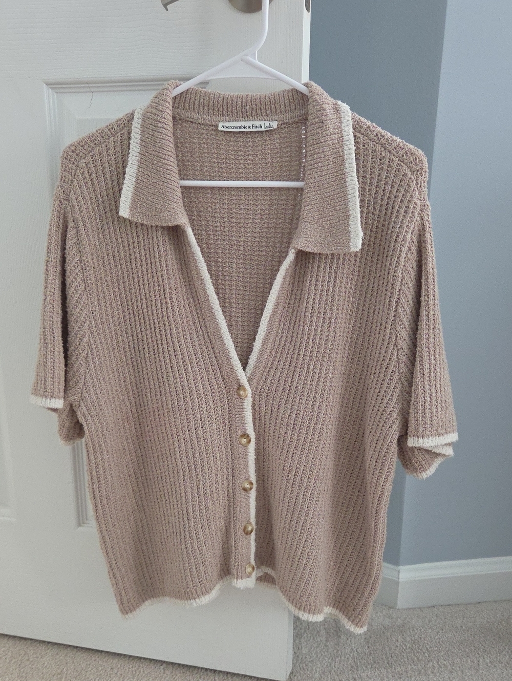 Abercrombie & Fitch Taupe Knit Collared Button Top with Cream Trim